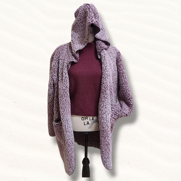 aria & clara Jackets & Blazers - Aria & Clara Oversized Hooded Teddy Sherpa Jacket Coatigan Dk Plum Size MEDIUM